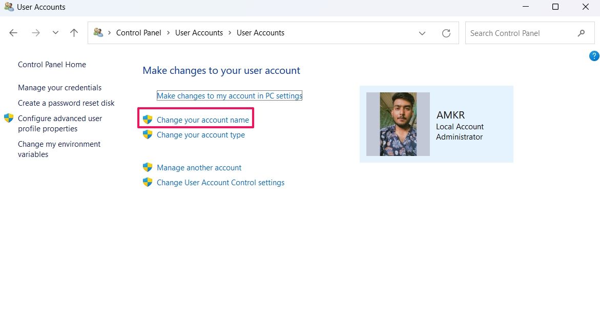 Change my account name option in the Control Panel