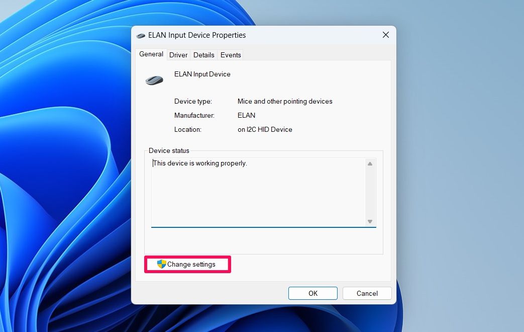 Change settings option in Mouse Properties window