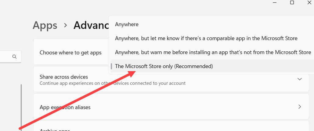 Setting the Windows to only enable installing apps through the Microsoft Store.