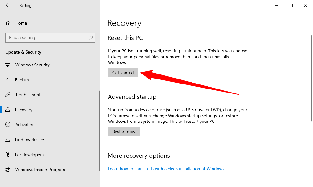 Open the "Recovery" tab, then click "Get Started." 