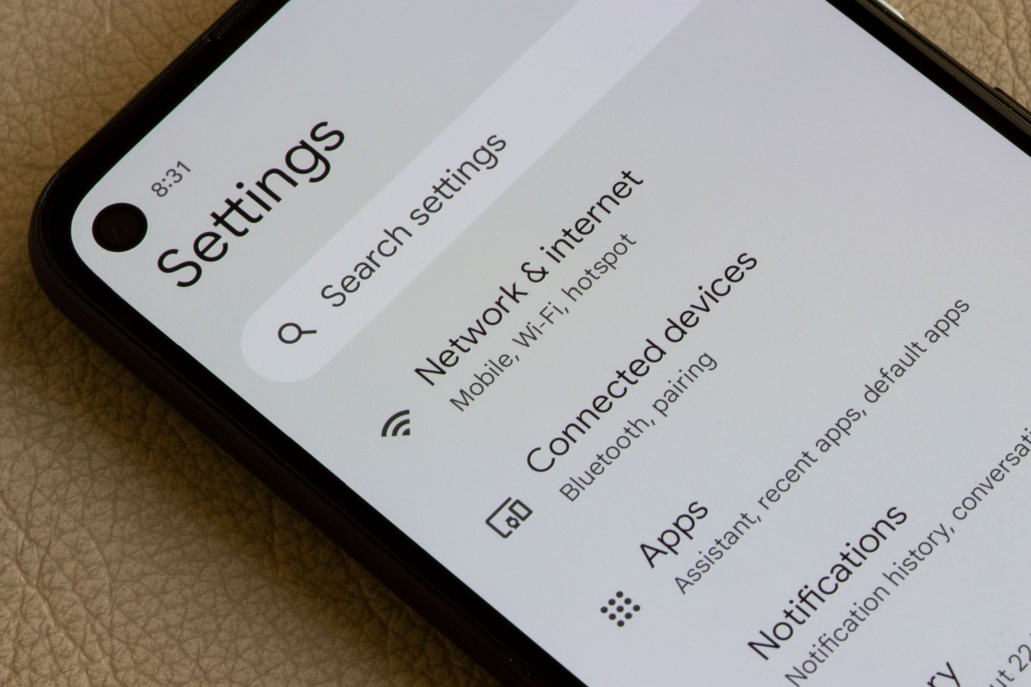 Close-up of the Network & Internet settings on Android.