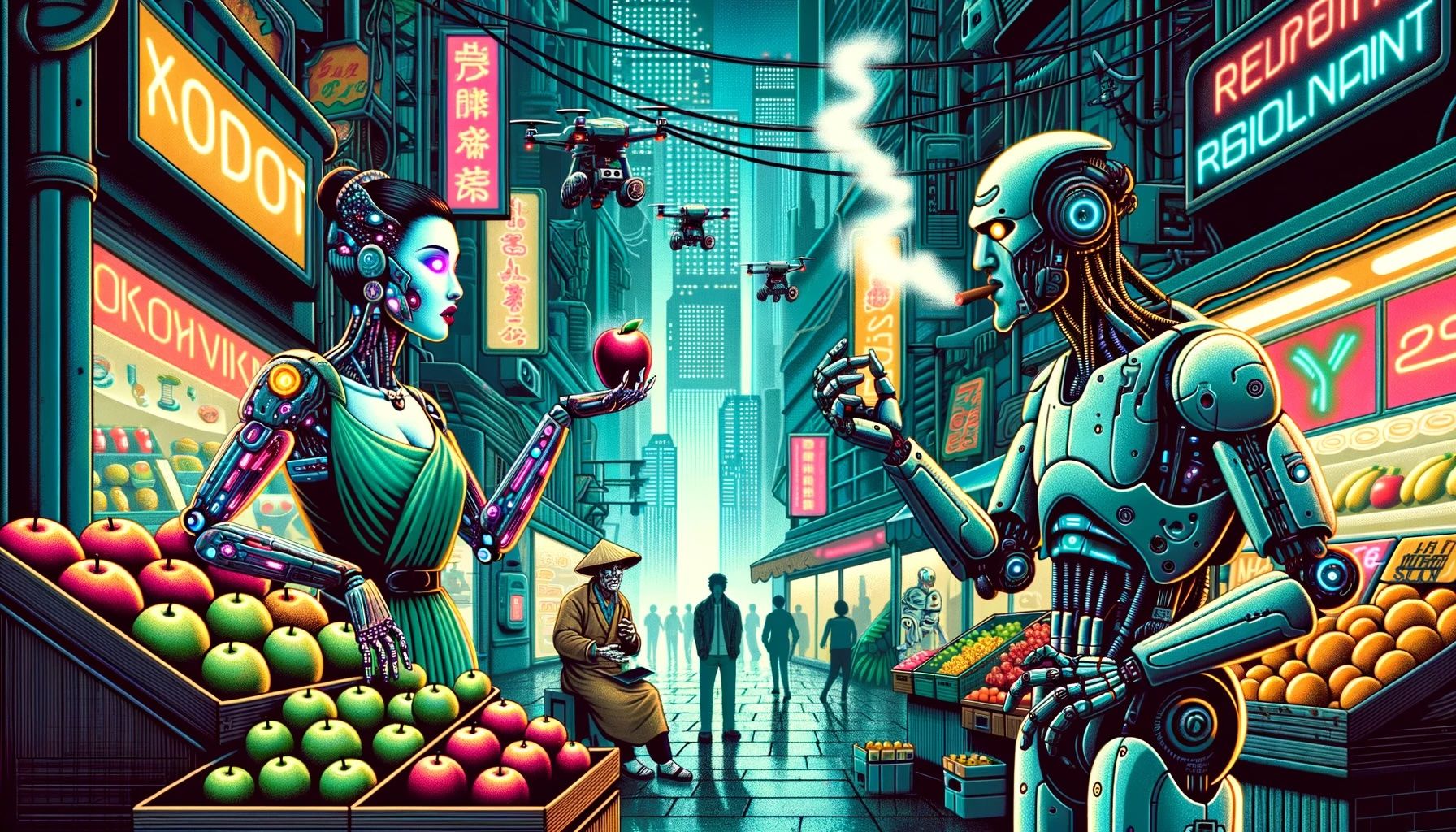 Cyberpunk scene of robot woman buying a fruit from a robot man