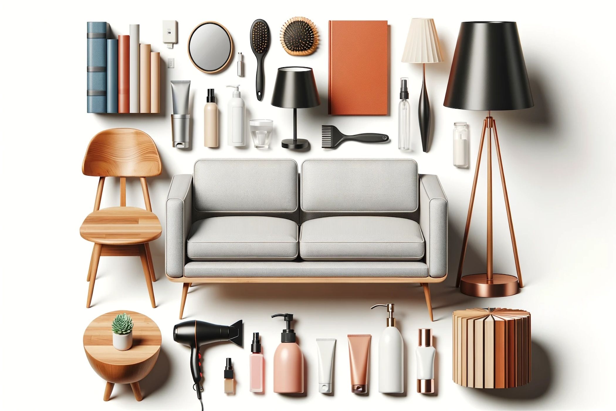 Photo of various typical online products such as a modern couch, wooden coffee table, floor lamp, hairdryer, and skincare products neatly arranged on 