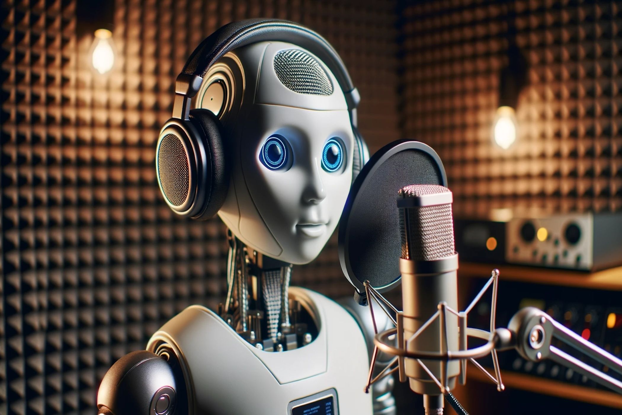 Photo of a humanoid robot in a recording studio booth.