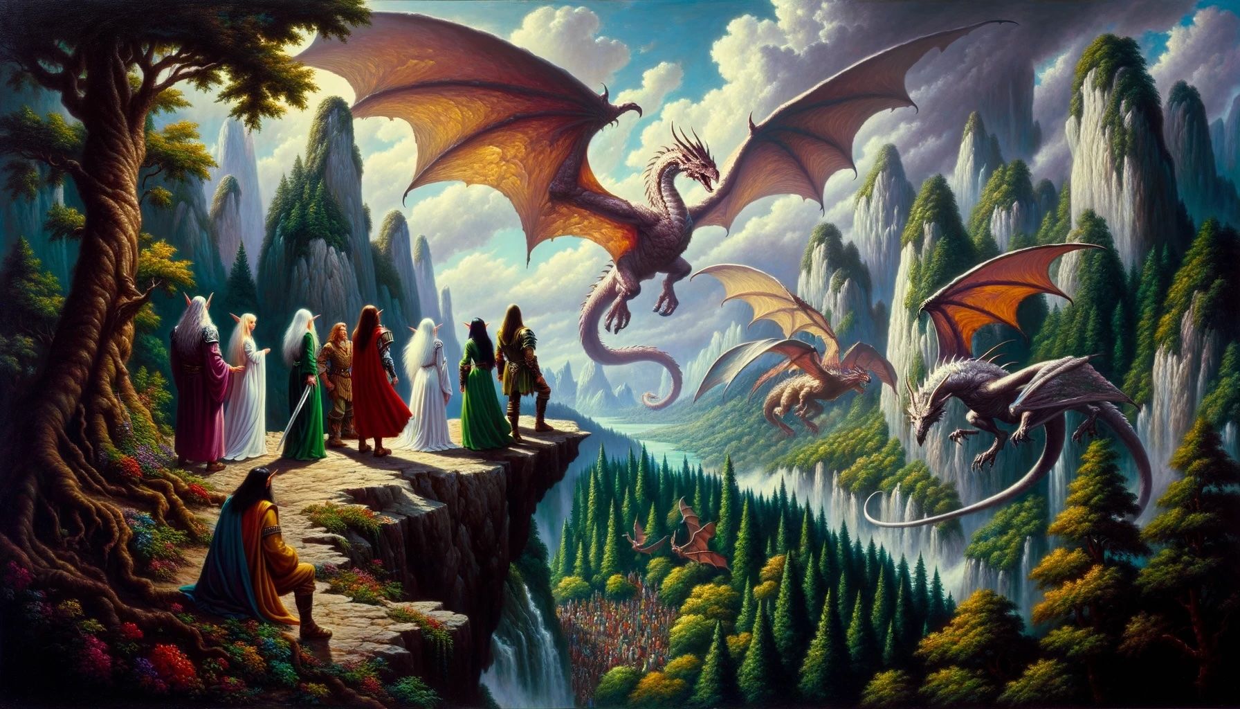 A fantasy scene generated by DALL-E 3 to resemble 90s fantasy art with dragons and elves