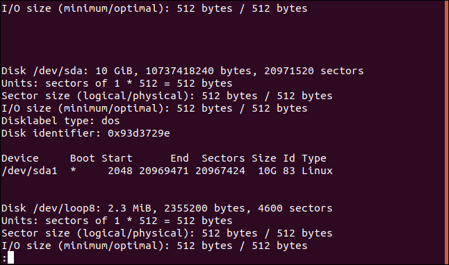 The output of the previous fdisk command listing a 10 GB drive. 