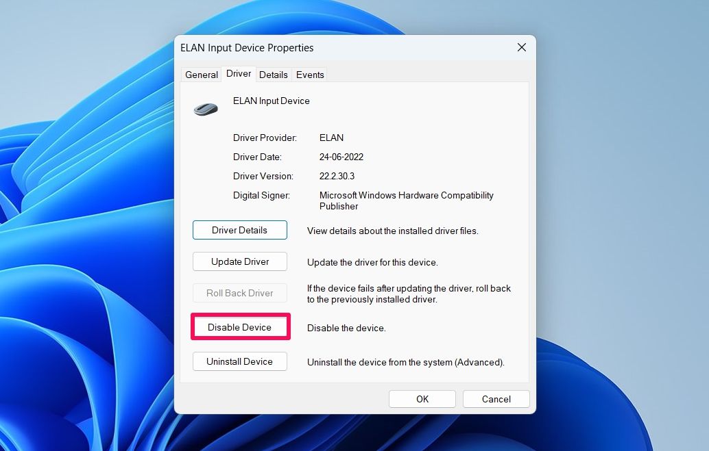 Disable device option in Mouse Properties window