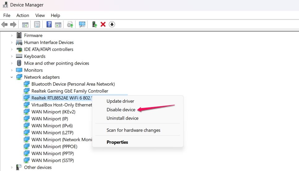 Disable device option in the Device Manager