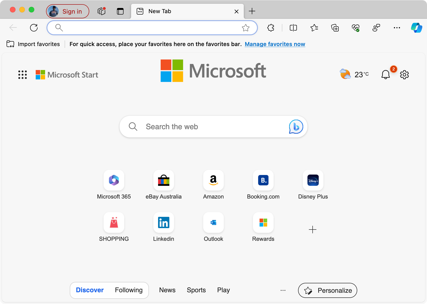 Microsoft Edge browser start page