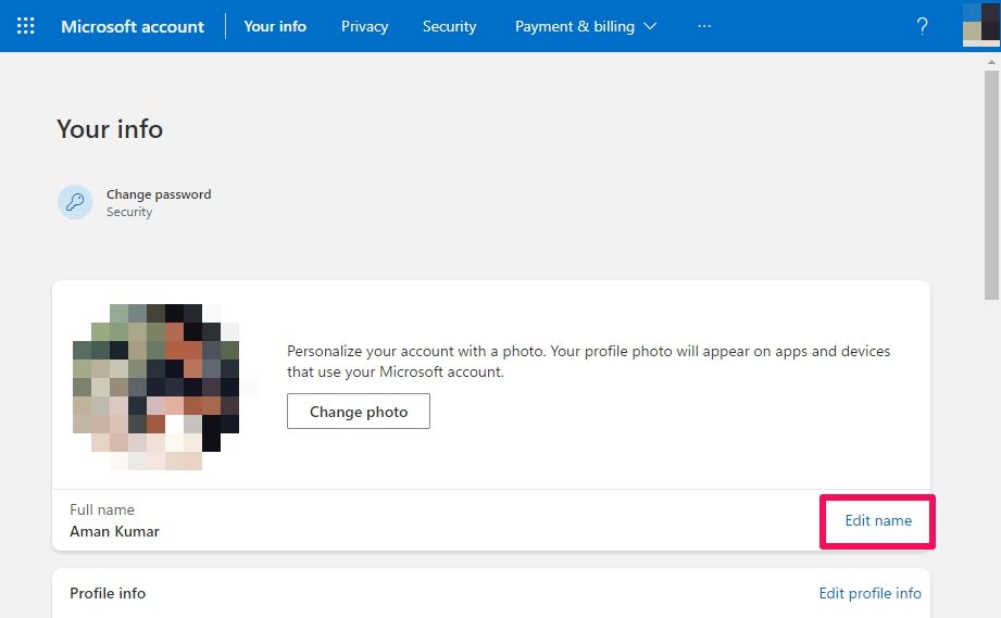 Edit name option on Microsoft page