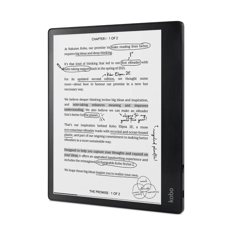 The Kobo Elipsa 2E eReader with a marked-up page.