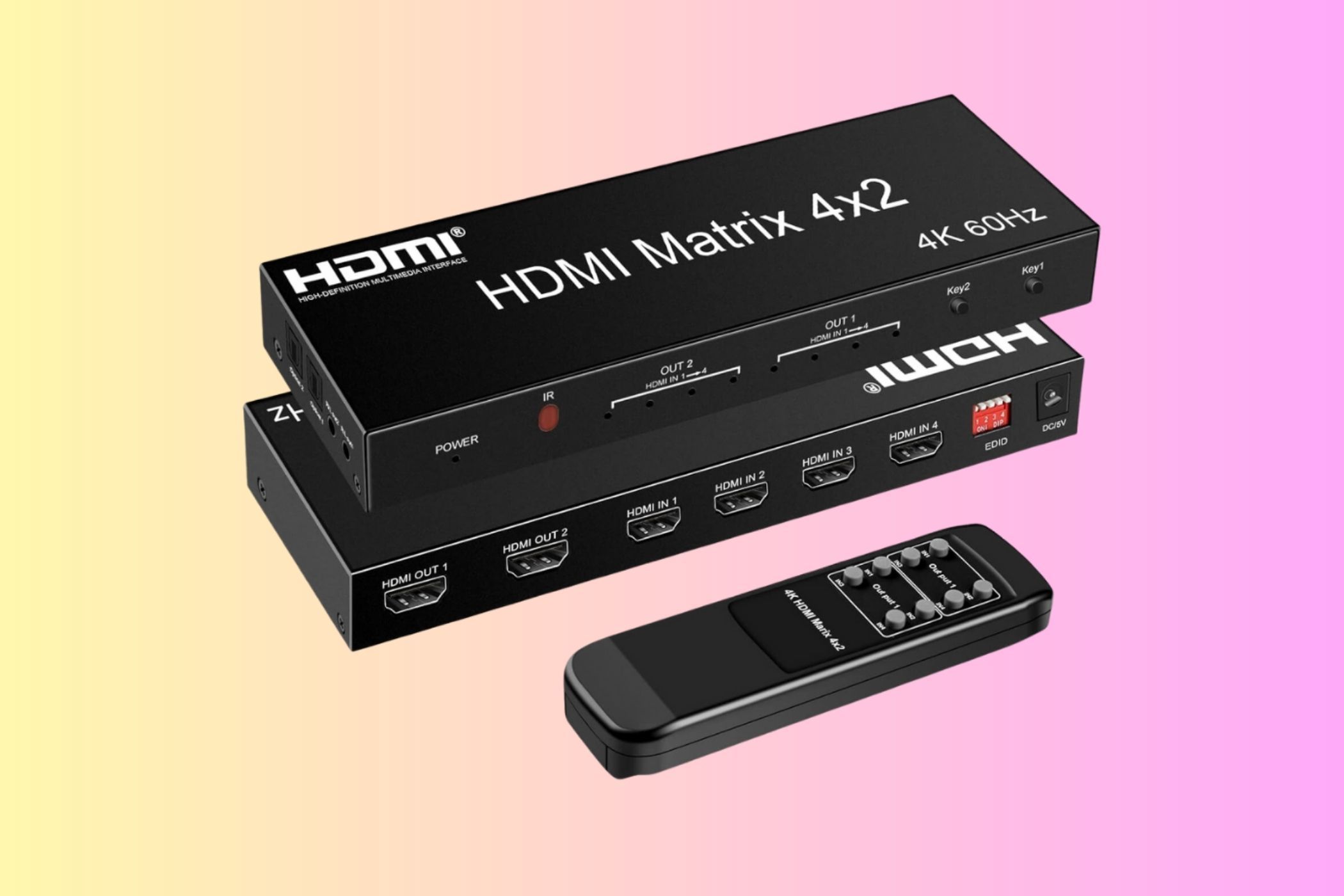 FERRISA 4x2 4K@60Hz HDMI Matrix on yellow and pink background