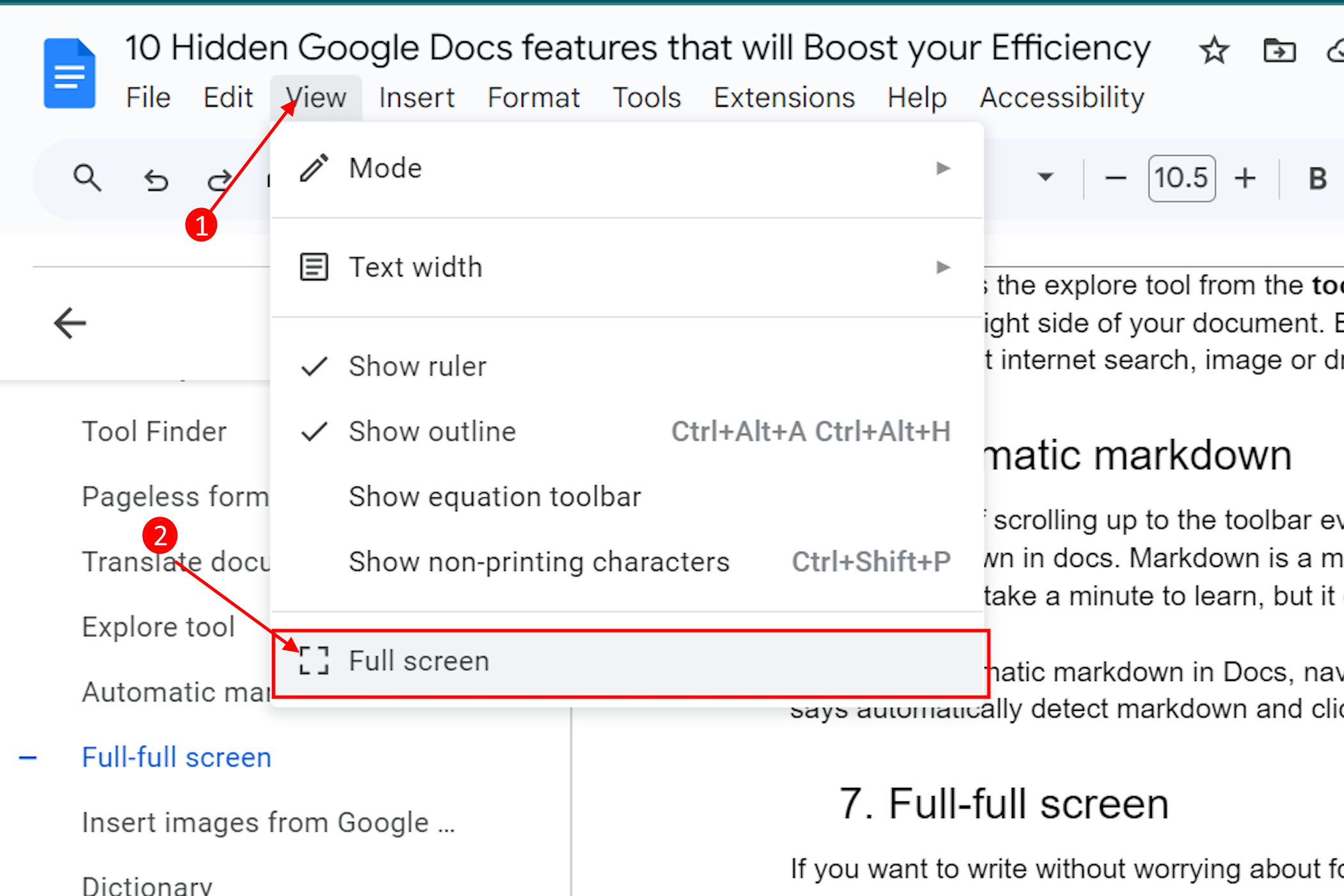 A screenshot of the Full Screen mode in Google Docs