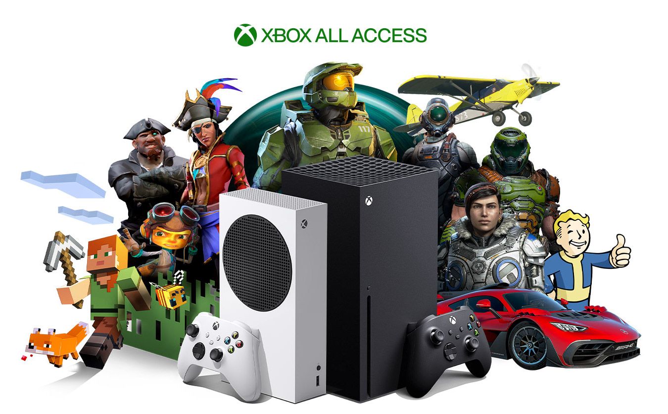 Game Pass promotional material showing Xbox properties like Halo, Minecraft, Doom, and Fallout