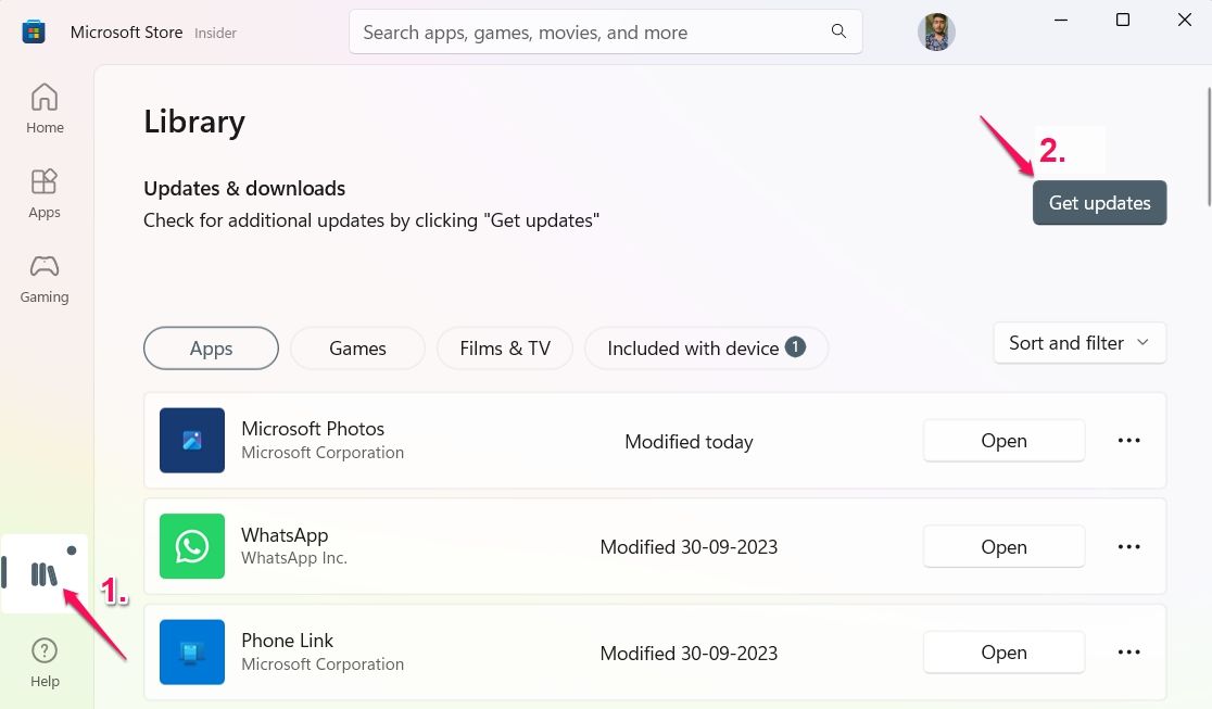 Get Updates option in the Microsoft Store