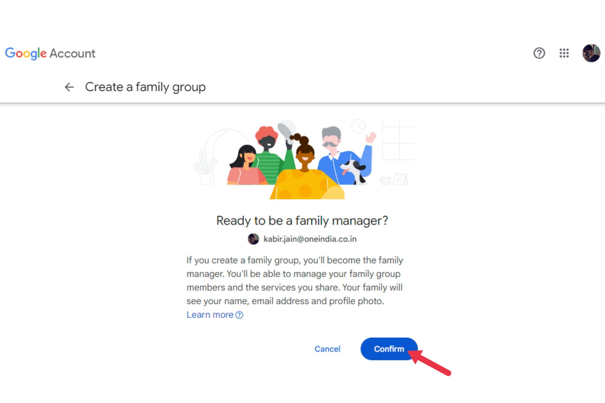 Click the Confirm button to confirm your status as a family manager.