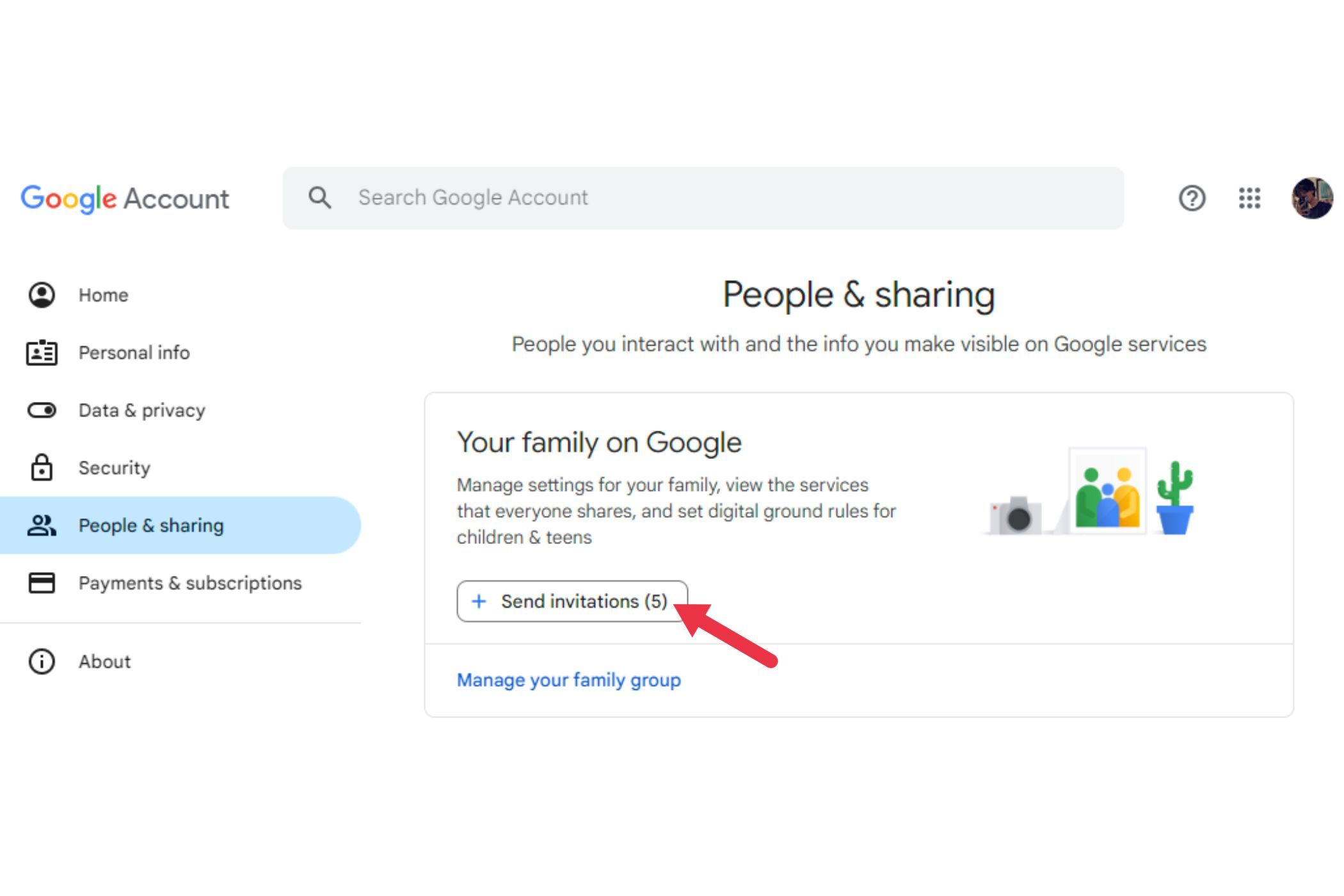To add family members later, revisit the Google Families page, click Get Started, and enter their email addresses after clicking the Send invitations button.