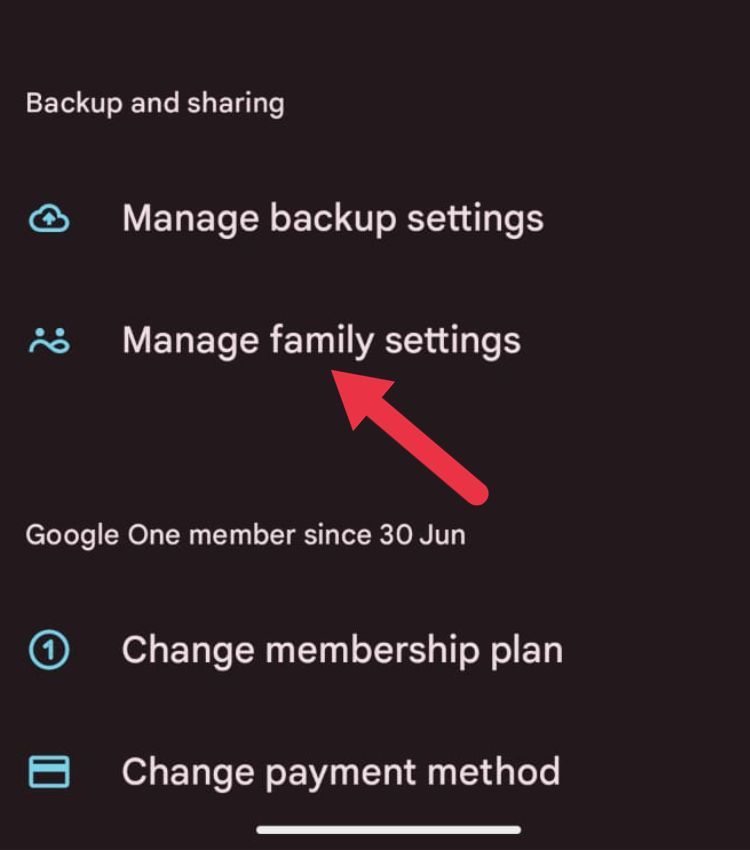 Tap Manage family settings under Backup and sharing
