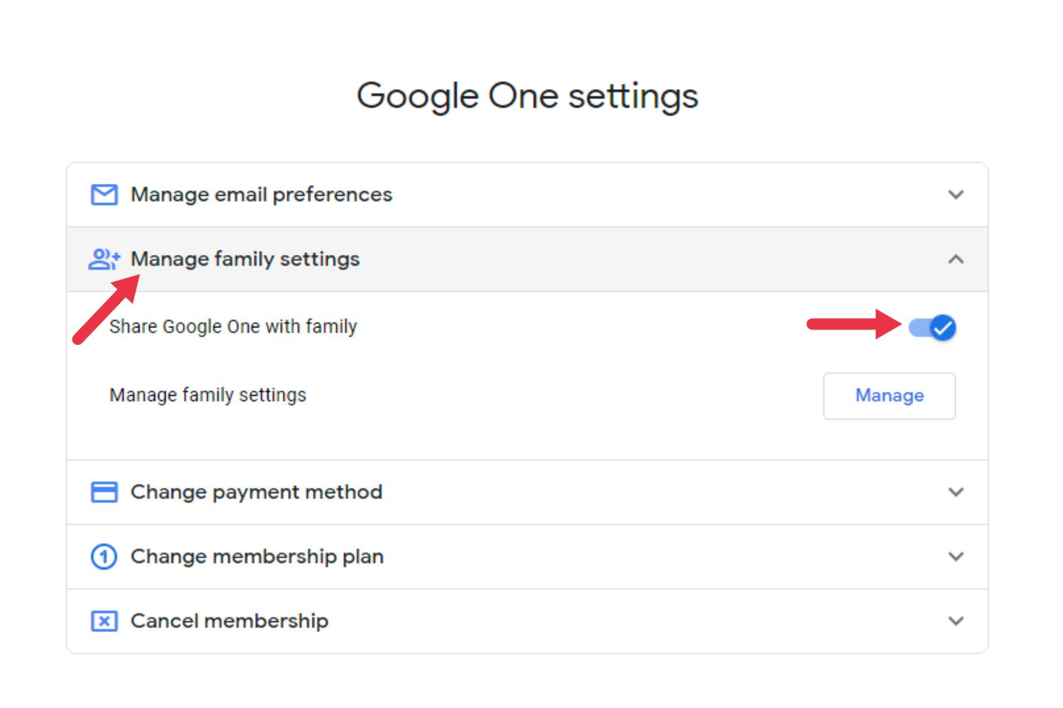 Click the Manage Family Settings drop-down and toggle the Share Google One.