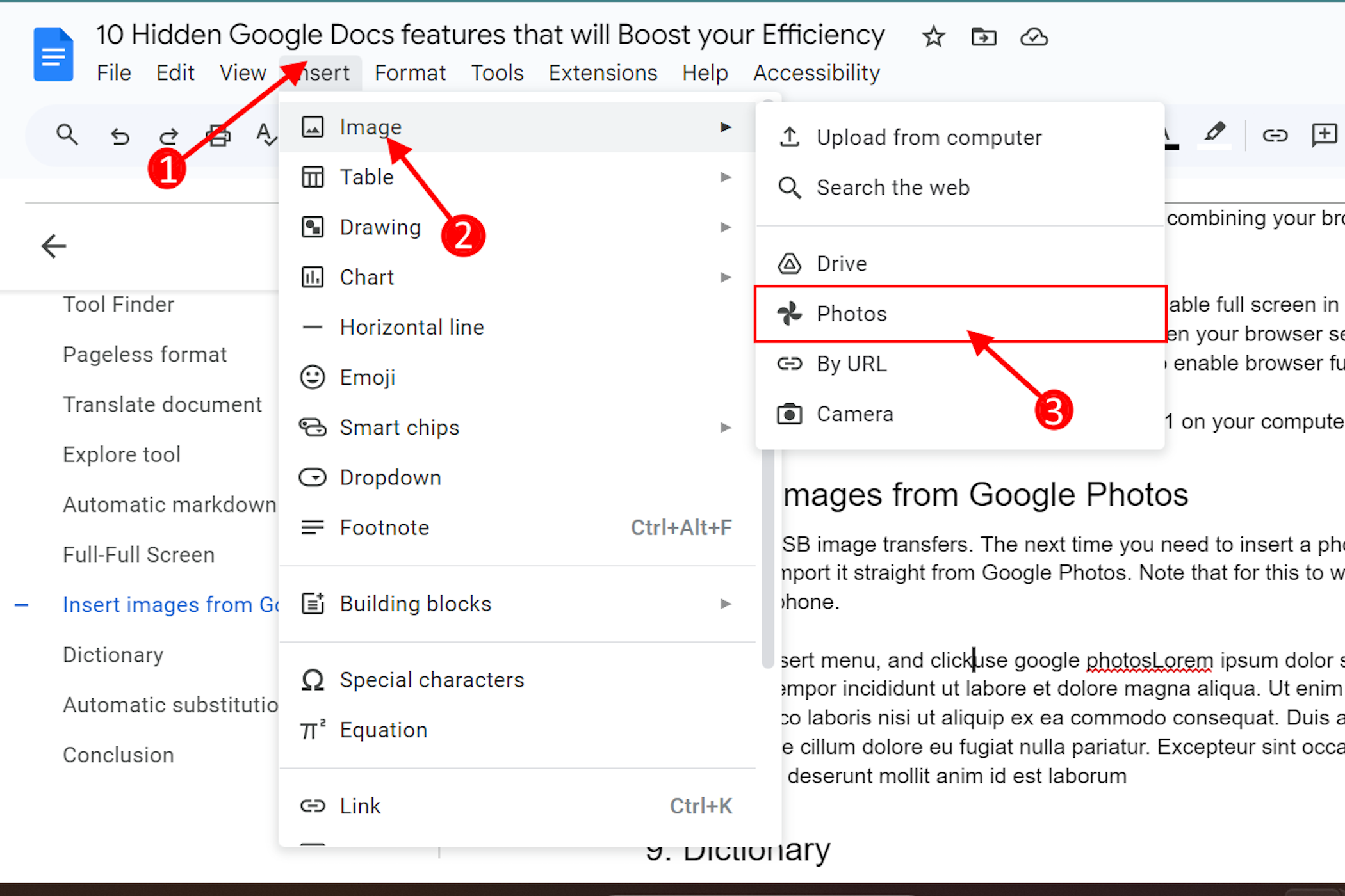 The image insertion menu in Google Docs