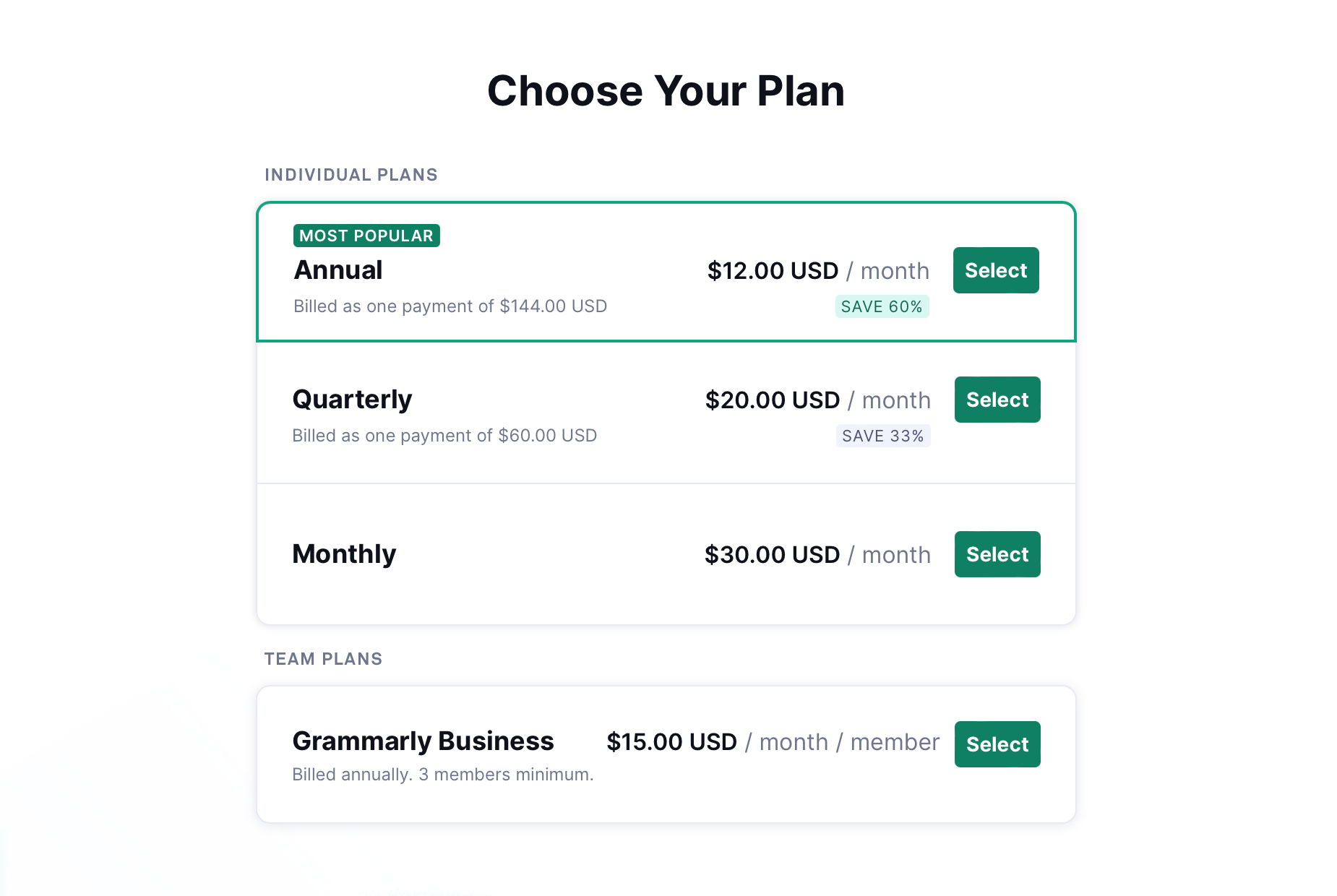 Grammarly pricing structure