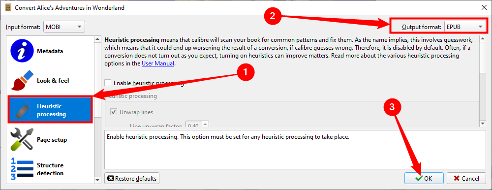 Select "Heuristic Processing," pick your output format, then click "OK."