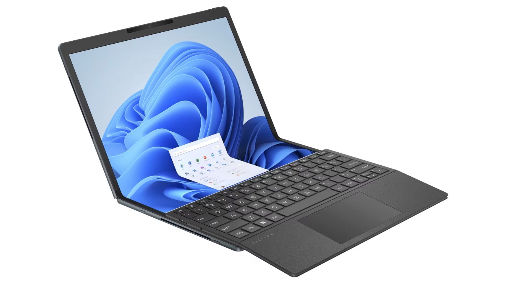 HP Spectre Foldable promotional photo, with a white background, the laptop is partially opened, in the vertical position, with the keyboard partially covering the bottom half