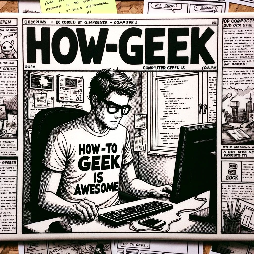 Cartoon of man sitting in front of computer with &ldquo;How-To Geek is Awesome&rdquo; shirt.
