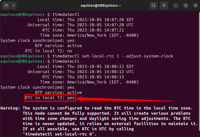 The RTC clock is confirmed to be running on a local timezone. 