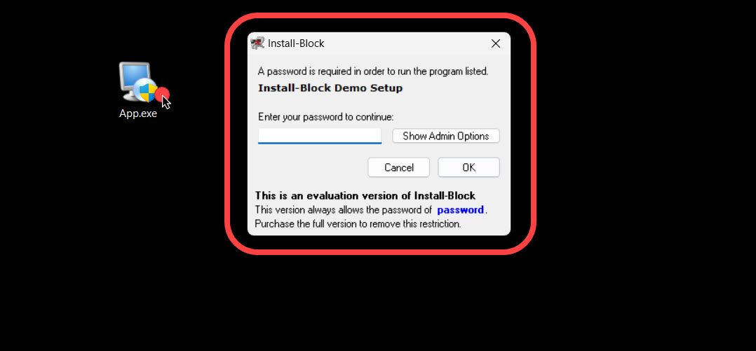 Install Block app requires a password to initiate the installation.