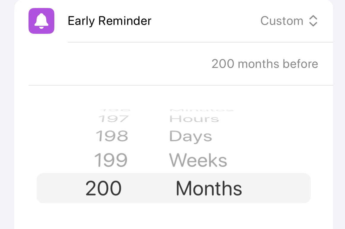 iOS 17 Early Reminder demonstration at 200 months