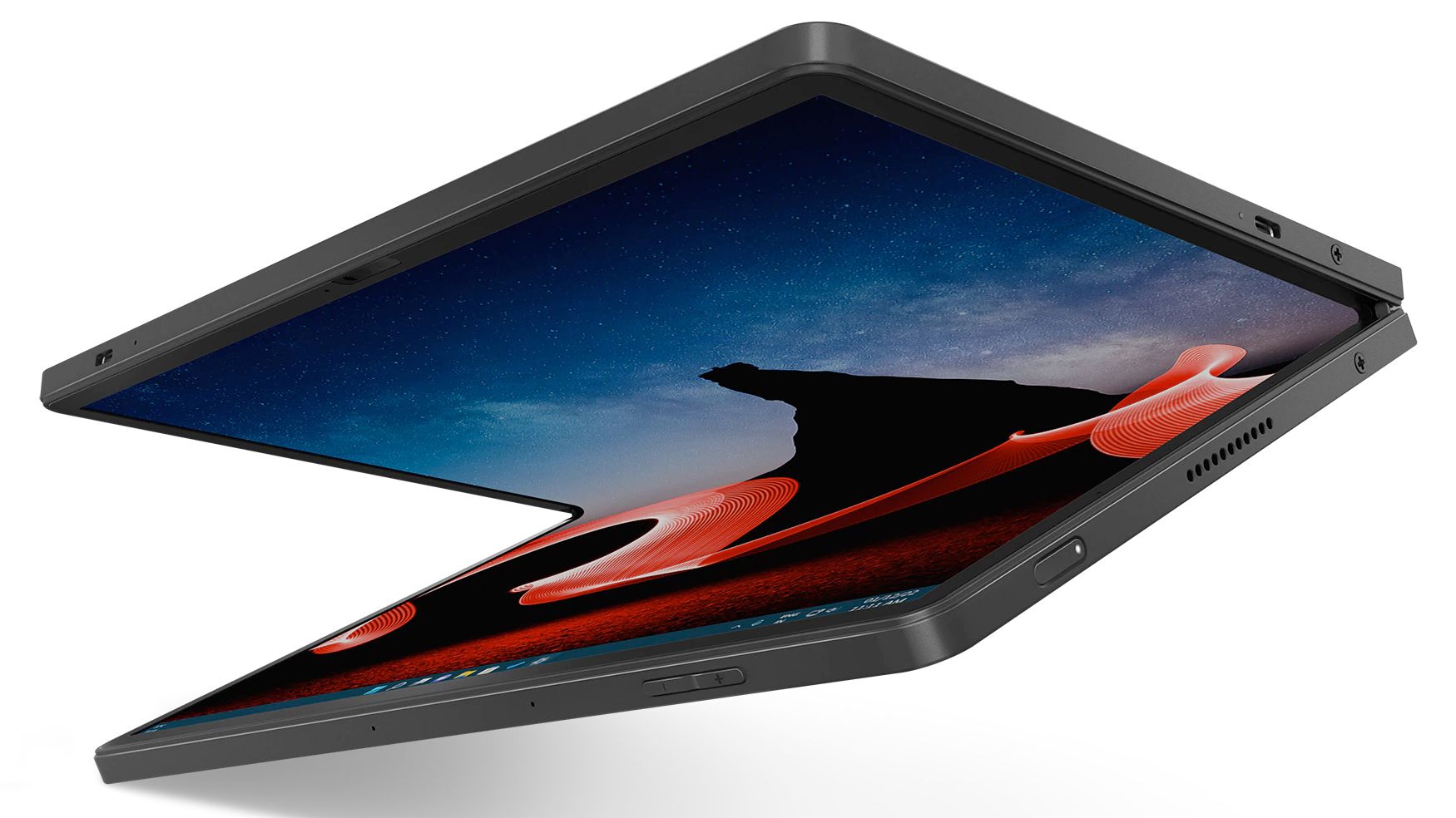 Lenovo ThinkPad X1 Fold 16 promotional photo, the laptop is almost completely shut, seen fron an inclined side angle, screen turned on, white background
