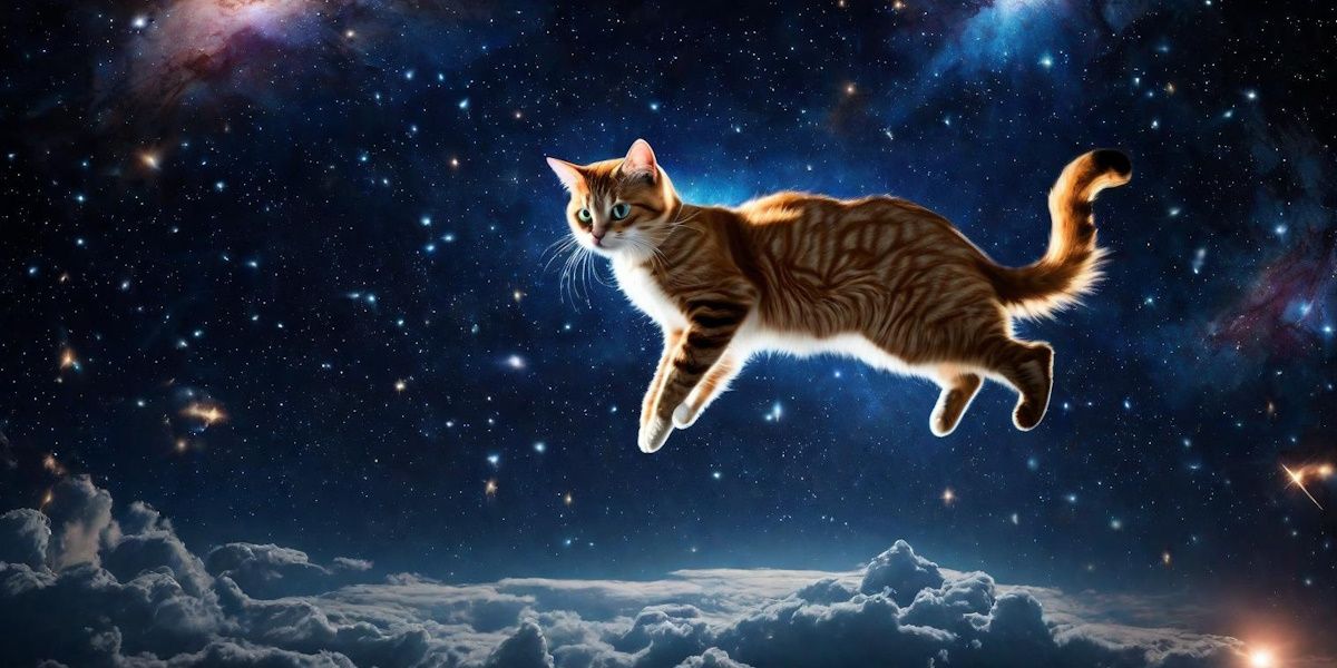 ginger cat jumping in the air on a background of galaxies and clouds