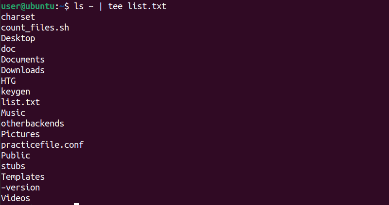 ls with tee command and save output to a text file