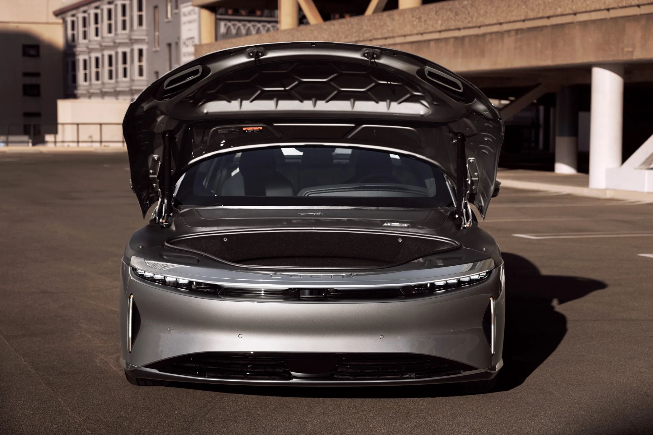 Front trunk open on the Lucid Air EV.