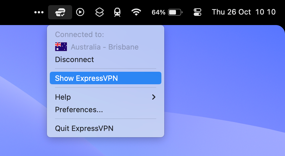 An image of the Mac menu bar with ExpressVPN open.