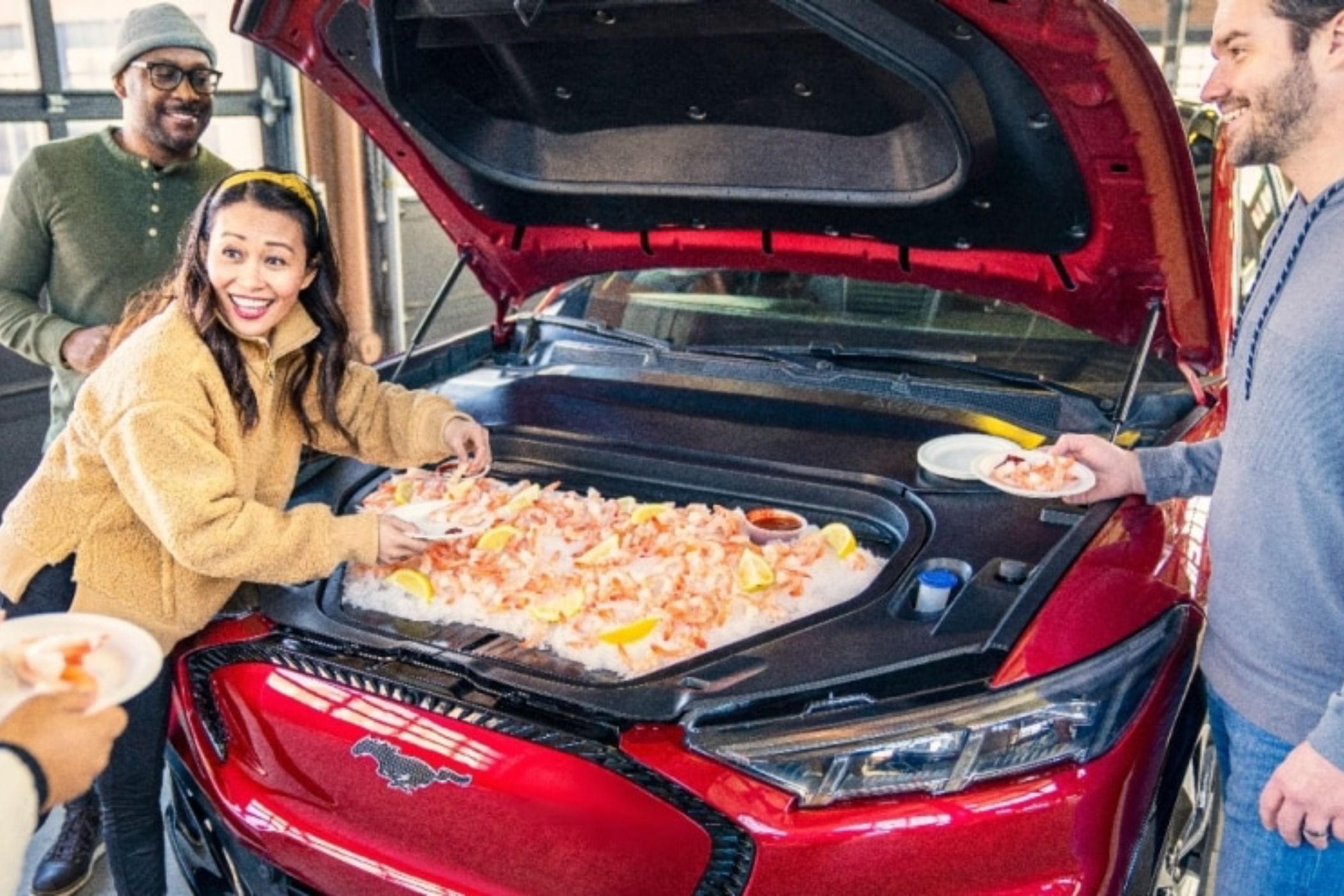 Mustang Mach-E front trunk filled with a Shrimp cocktail.