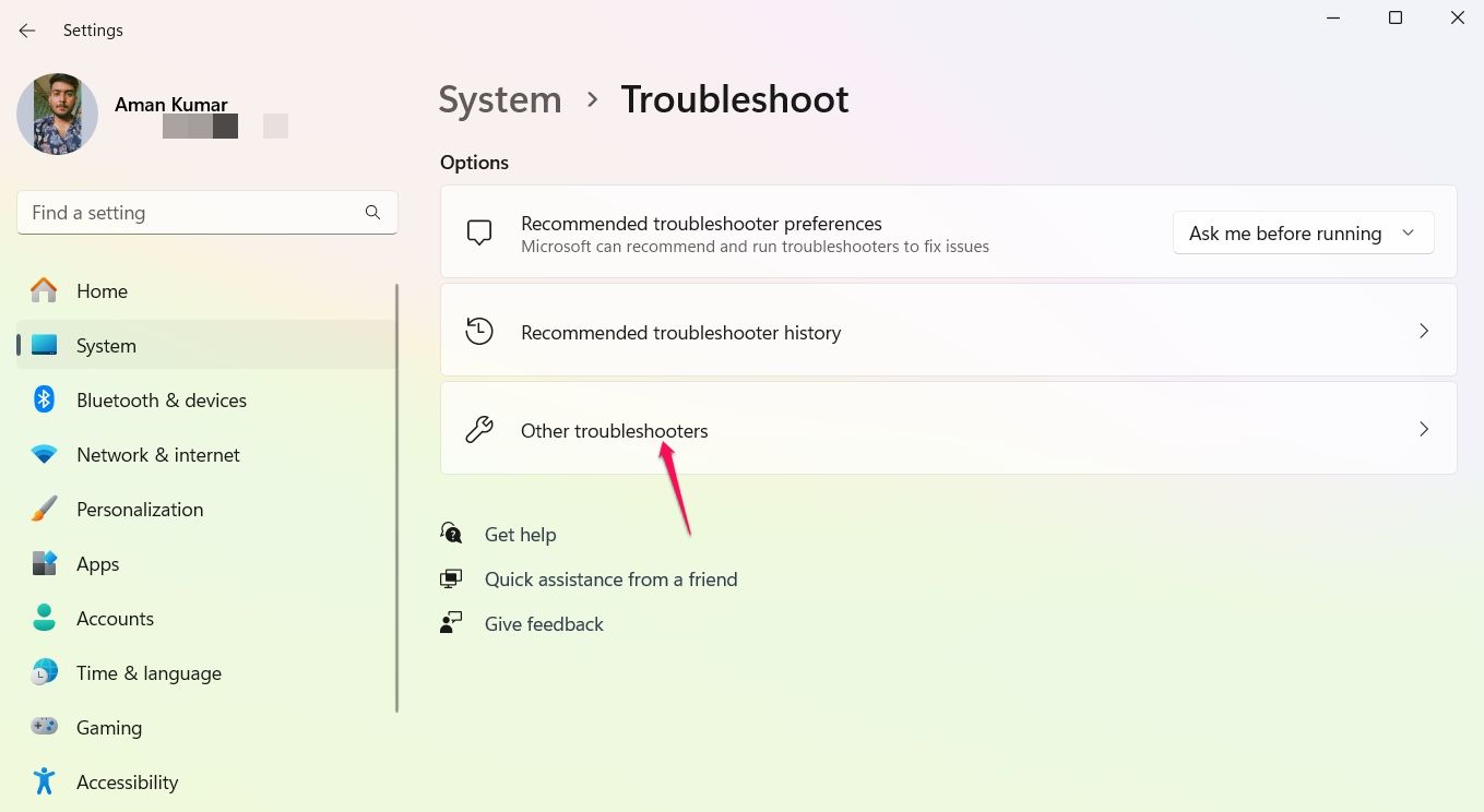 Other troubleshooters option in the Settings app