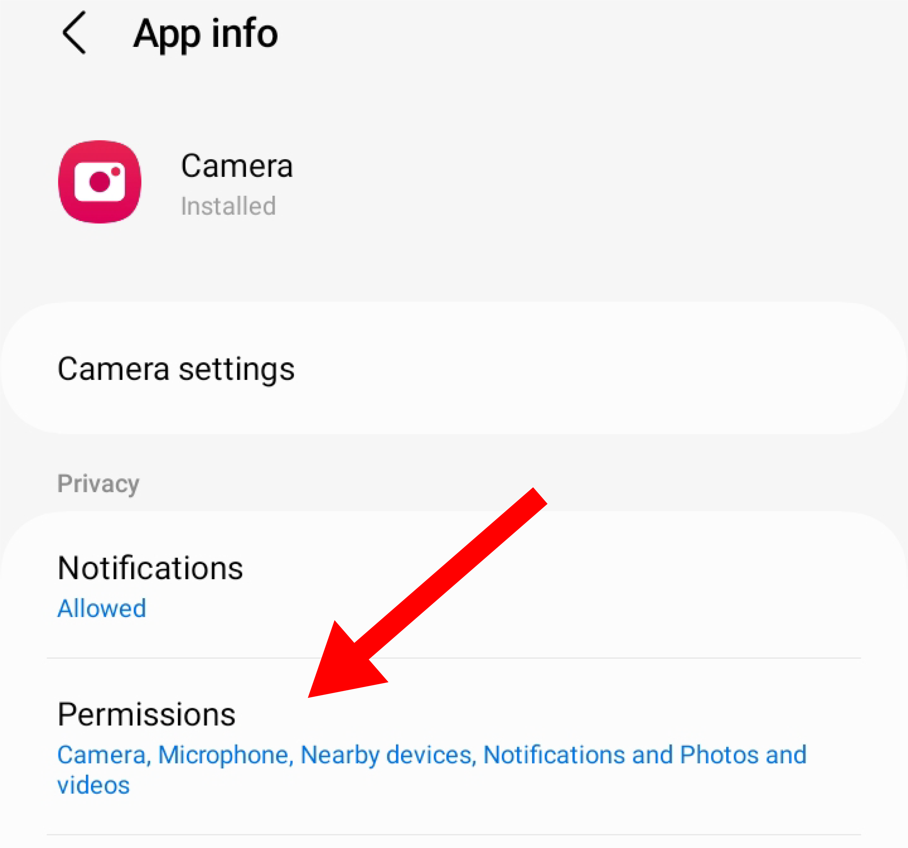 Permisions tab in camera app settings.