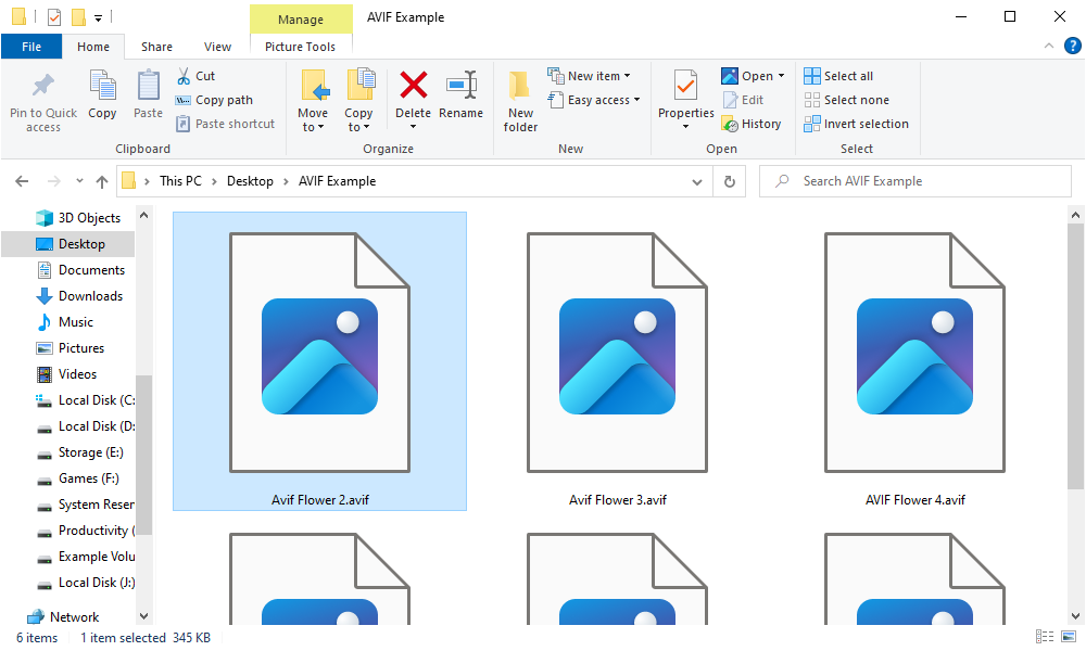 Placeholder icons for AVIF images on Windows 10. 