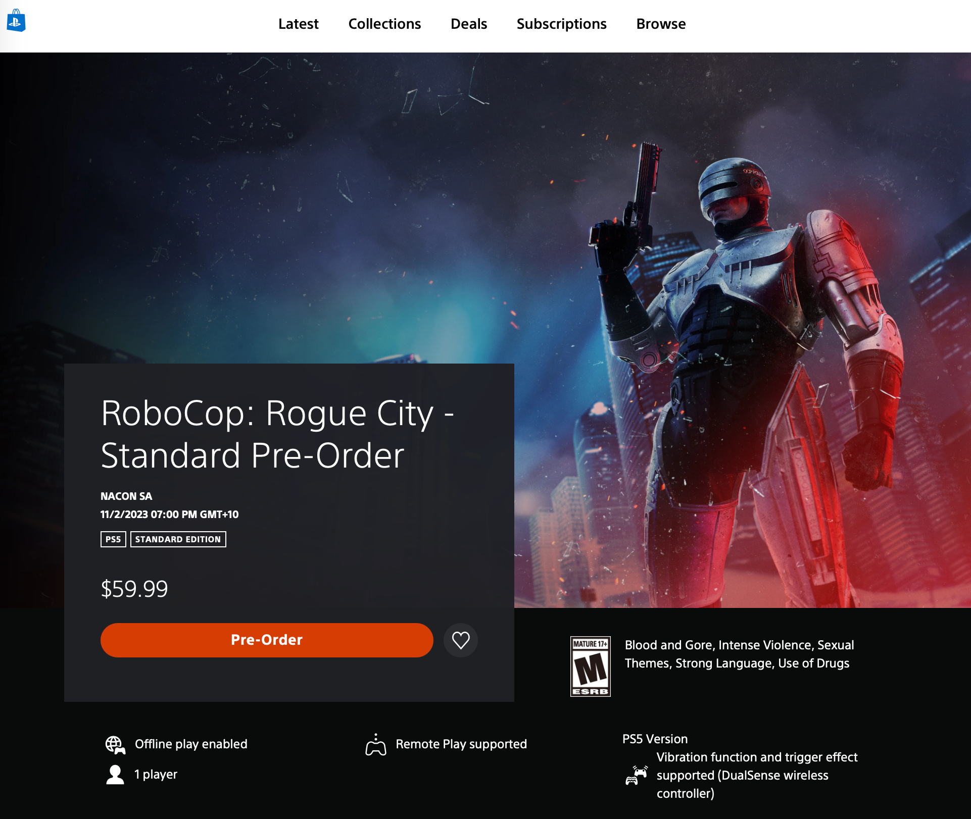 The preorder page for Robocop: Rogue City on PlayStation 5