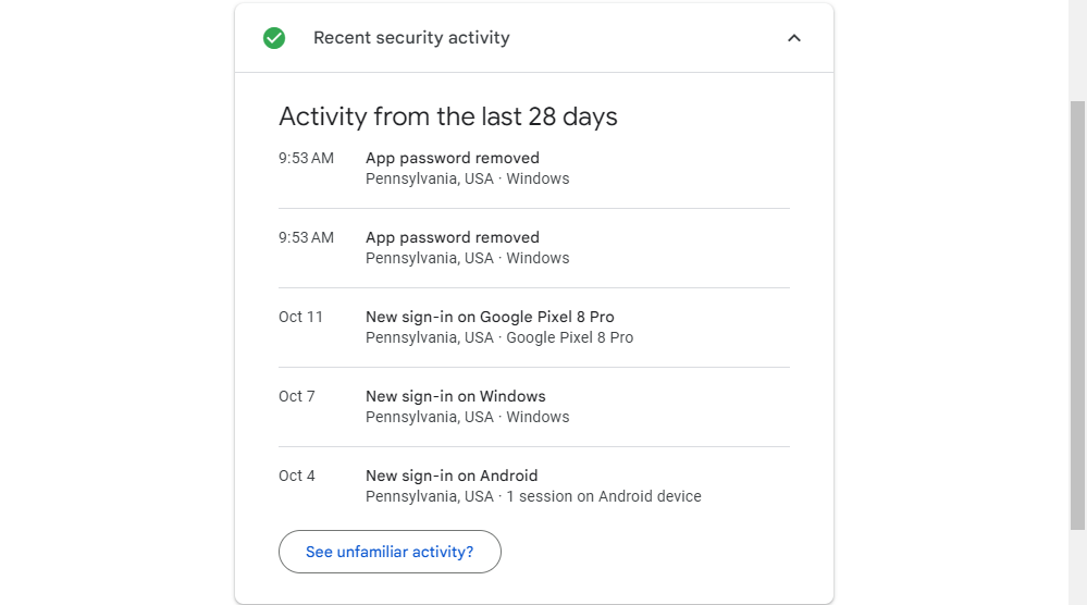 Recent Security Activity on the example account. 