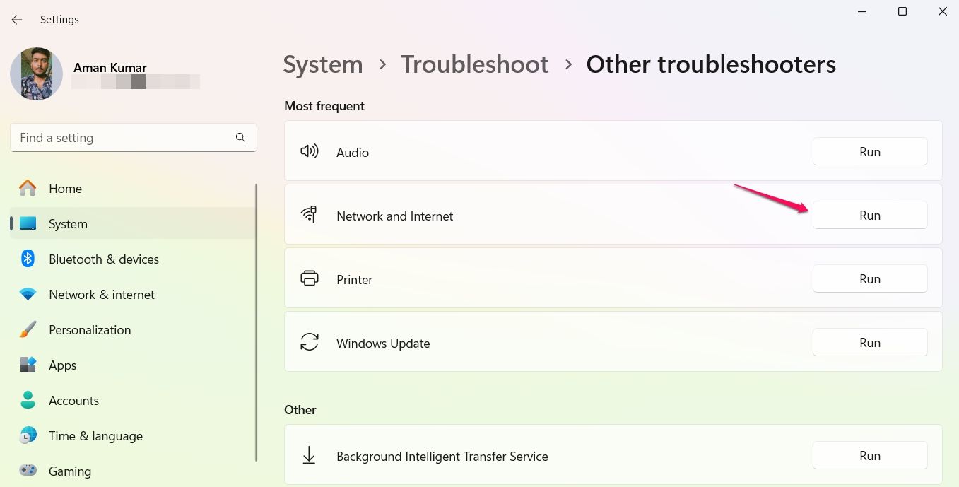 Running the network and internet troubleshooter in the Windows Settings app.