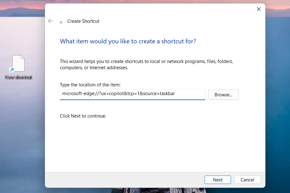 Paste the Windows Copilot shortcut location 
