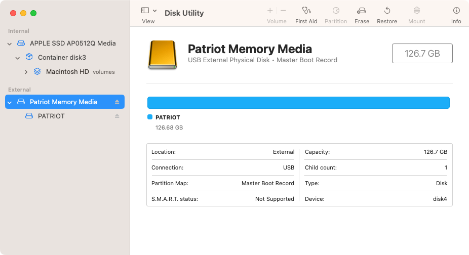 Drive selected in Disk Utility