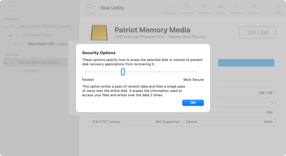 Disk Utility security options