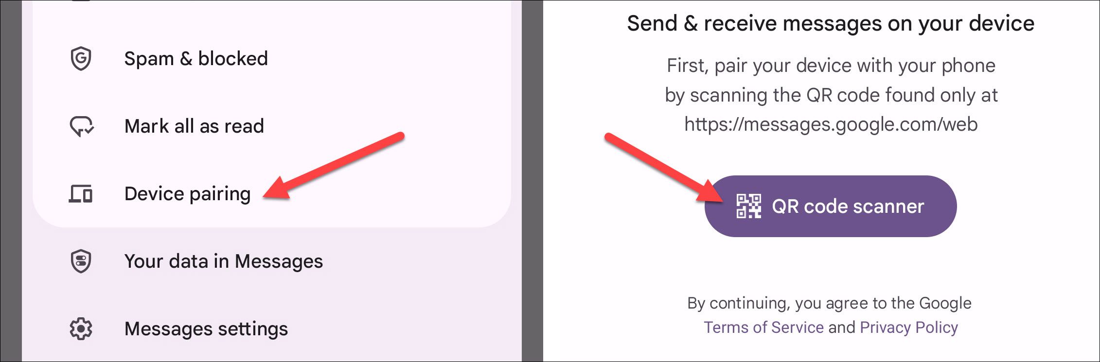 Screenshots showing how to set up Google Messages for web.