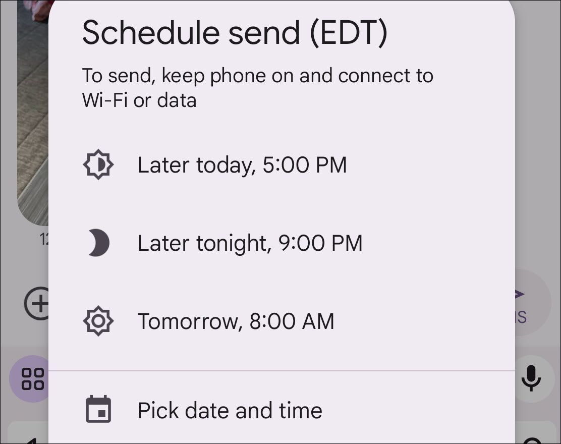 Scheduling options for Google Messages.