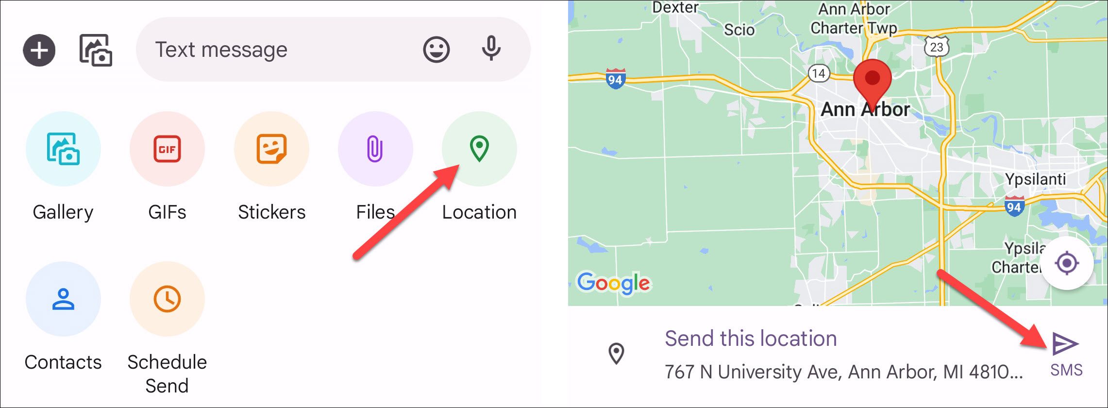 Screenshots showing how to share your location in Google Messages.