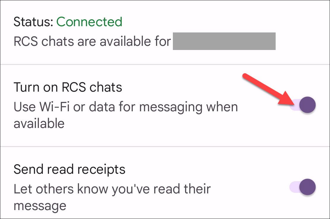 RCS toggles in the Google Messages app.
